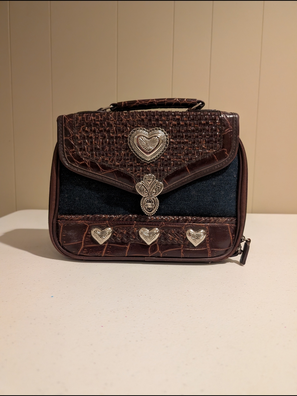 Brown Croc-Texture Heart Accent Women’s Handbag